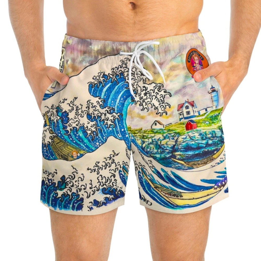 Great Wave Off Nubble Lighthouse Swim Trunks - Hokusai Inspired New England Art